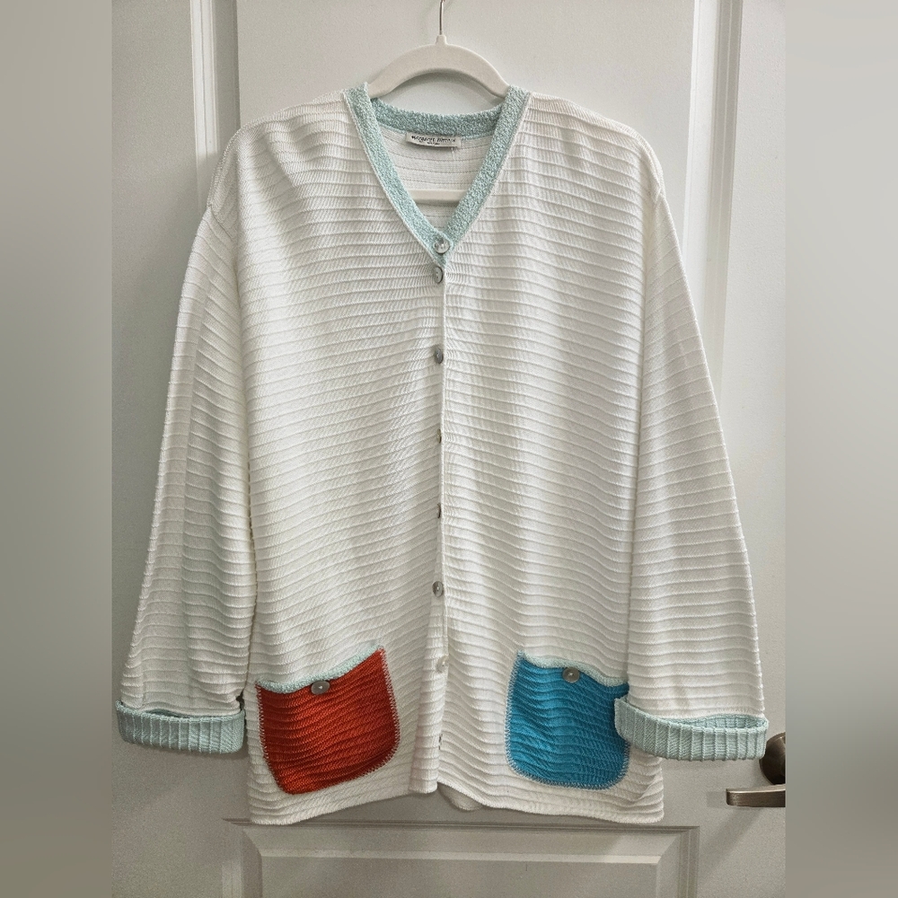 Margaret Winters Button Cotton Cardigan Sweater w/ Color Block Pockets Size 2X